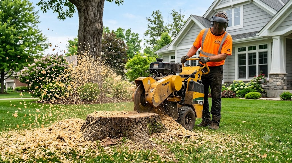 Tracked stump grinder working beside a residential tree stump